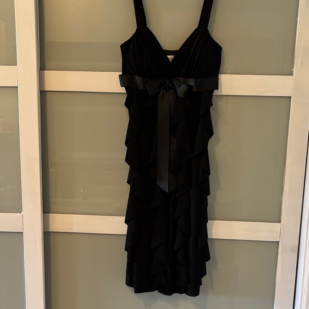 Betsy & Adam Black Ruffle Midi Dress with Satin Bow